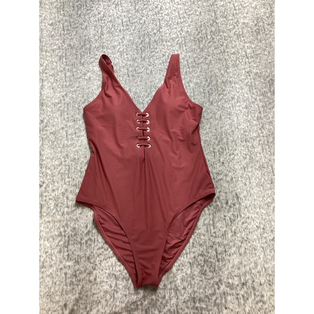 BCBGMAXAZRIA Womens Lace Up Front V-Neck One Piece Swimsuit Mauve Rose Large NEW